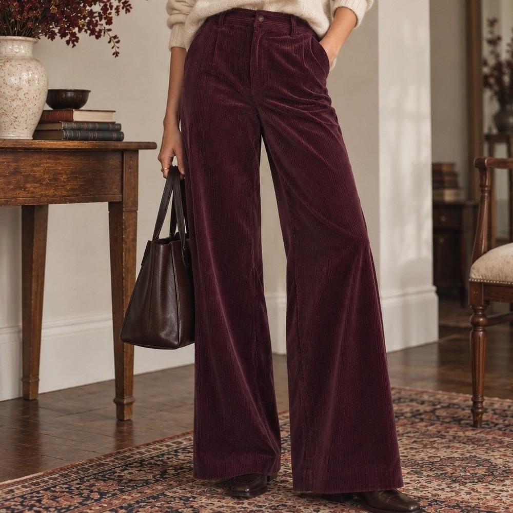 Ann Taylor Wide Leg Corduroy Pants Womens 10 Plum Quiet Luxury Dark Academia